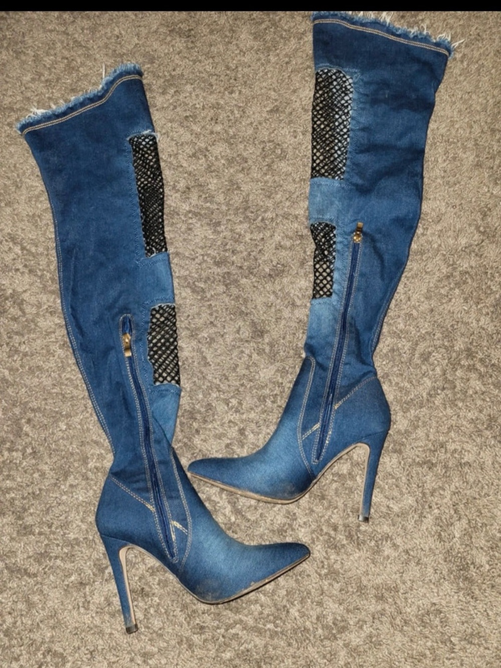 Denim Thigh High Stiletto Boots Fishnet Cutouts Size 7